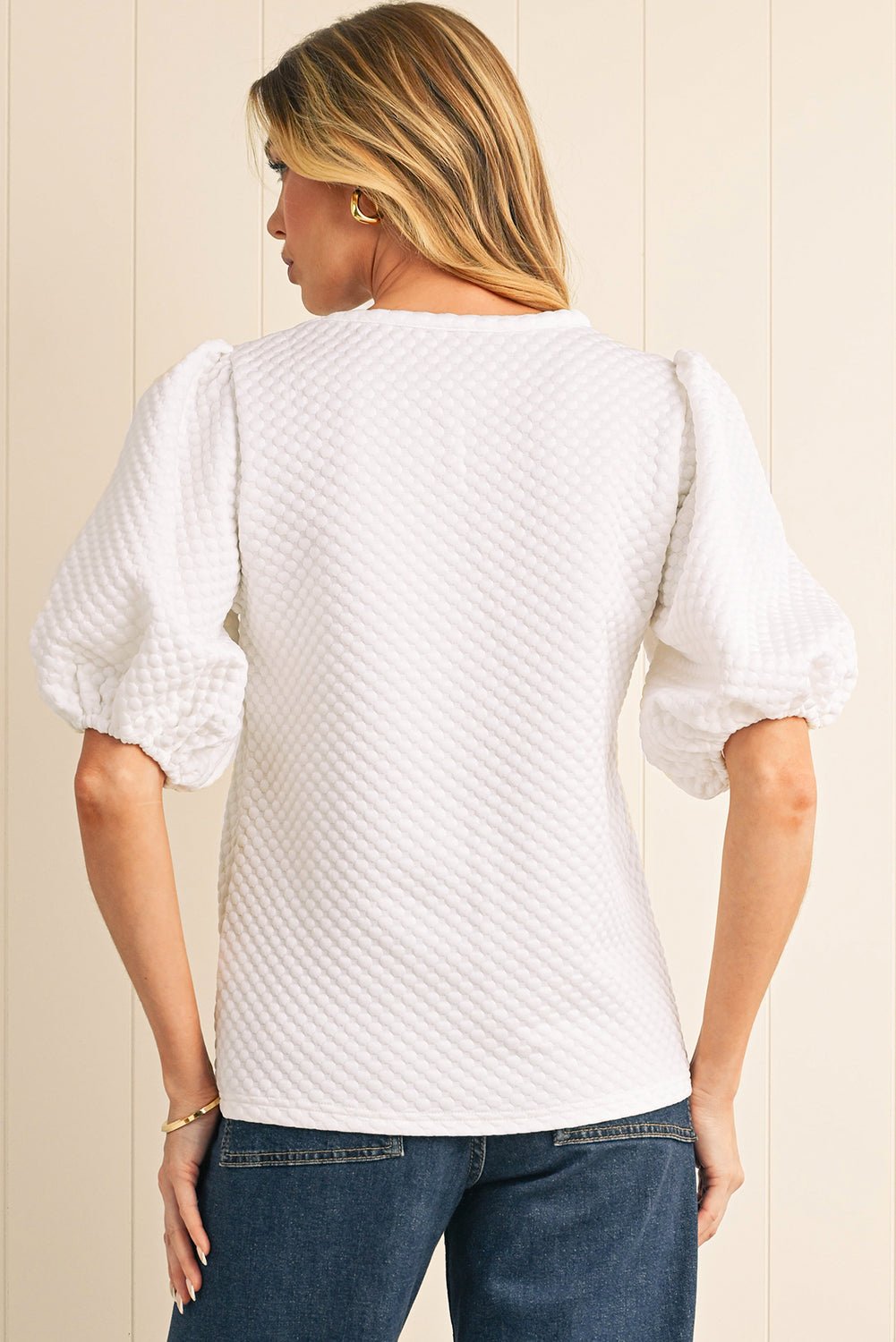 White Solid Textured O Neck Puff Sleeve Blouse - MAD RUFFI