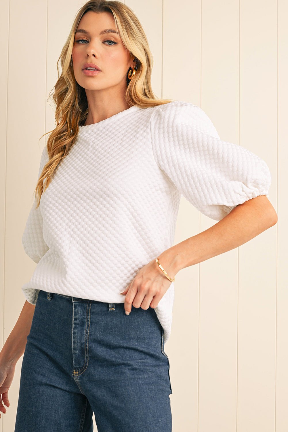 White Solid Textured O Neck Puff Sleeve Blouse - MAD RUFFI