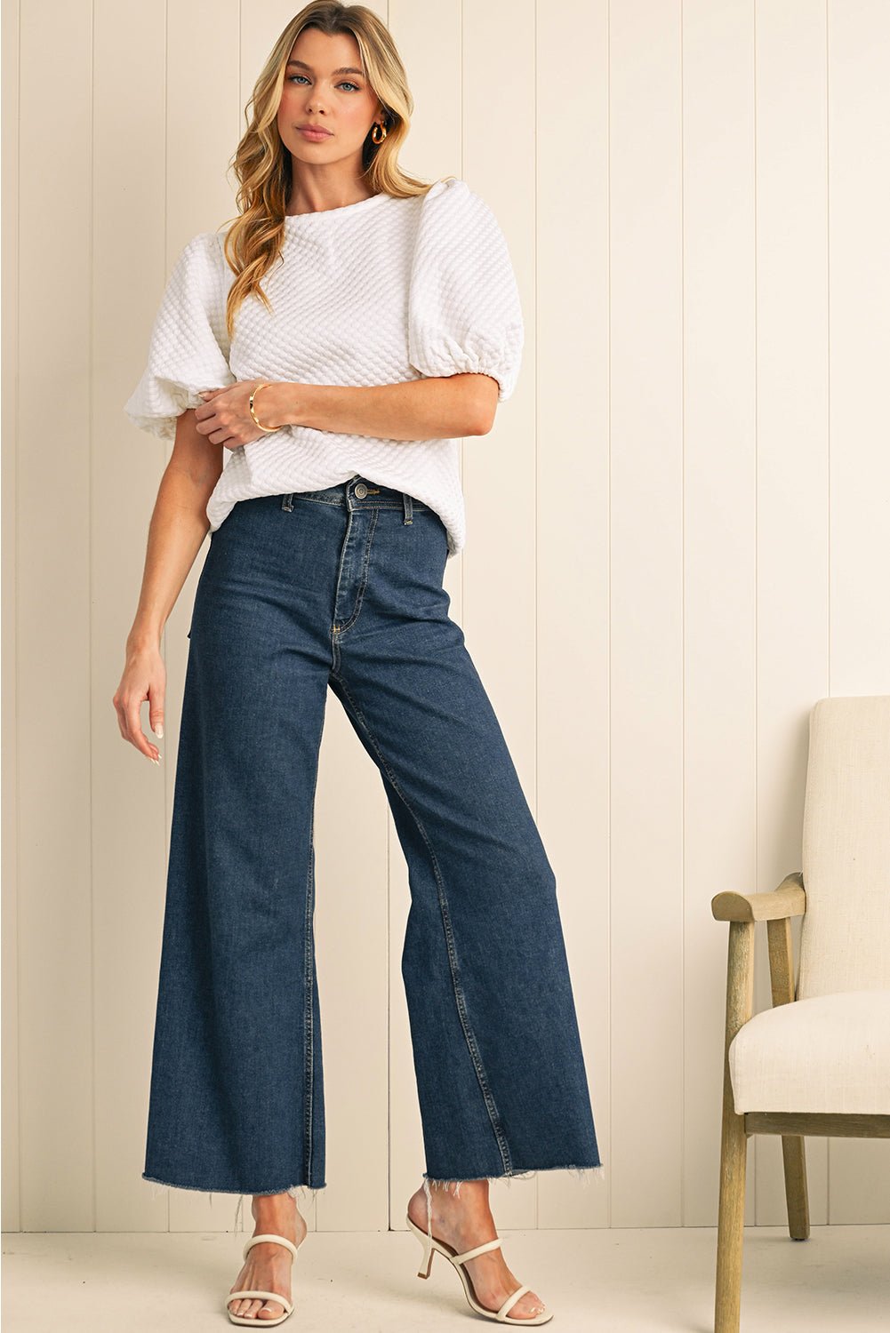 White Solid Textured O Neck Puff Sleeve Blouse - MAD RUFFI