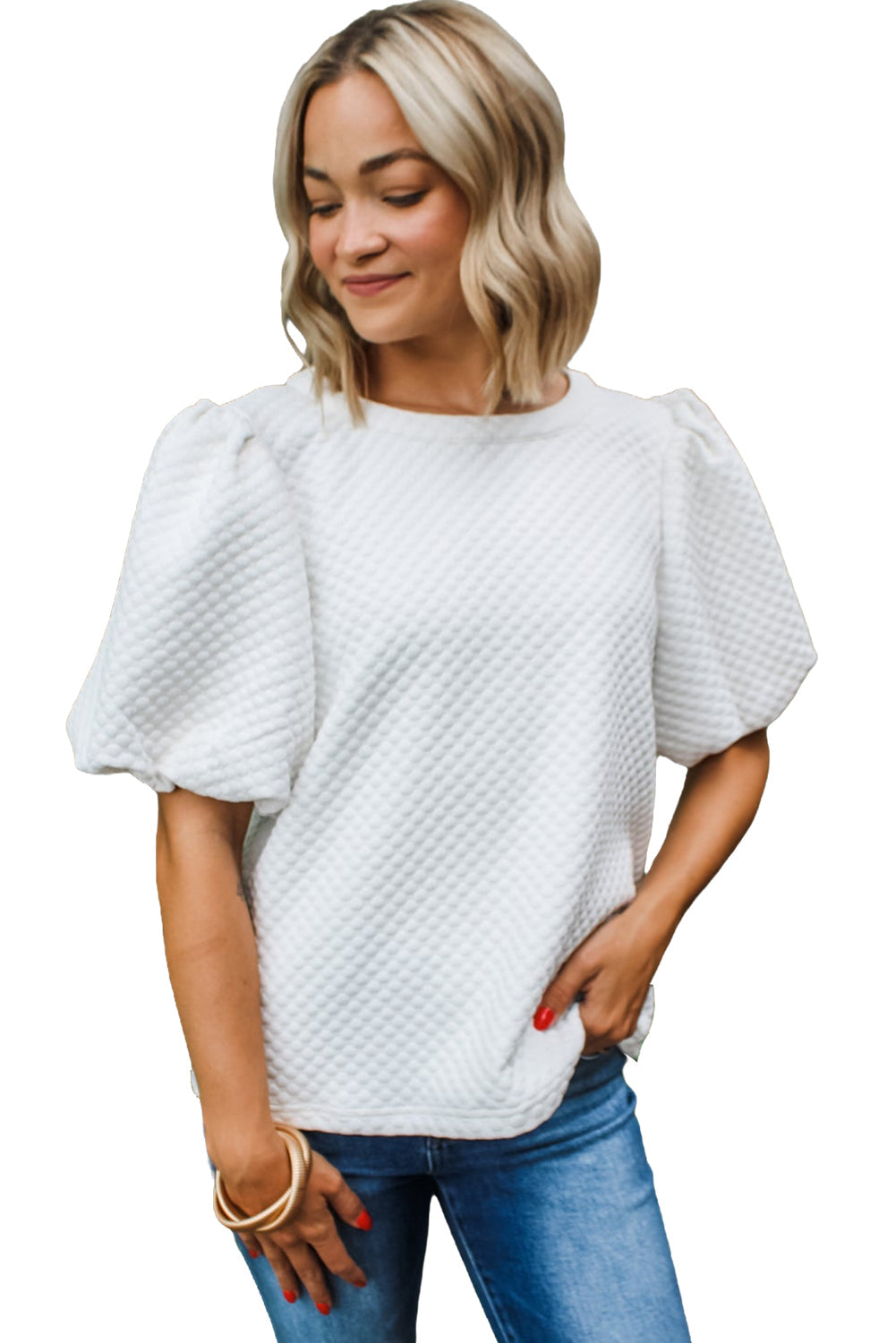 White Solid Textured O Neck Puff Sleeve Blouse - MAD RUFFI