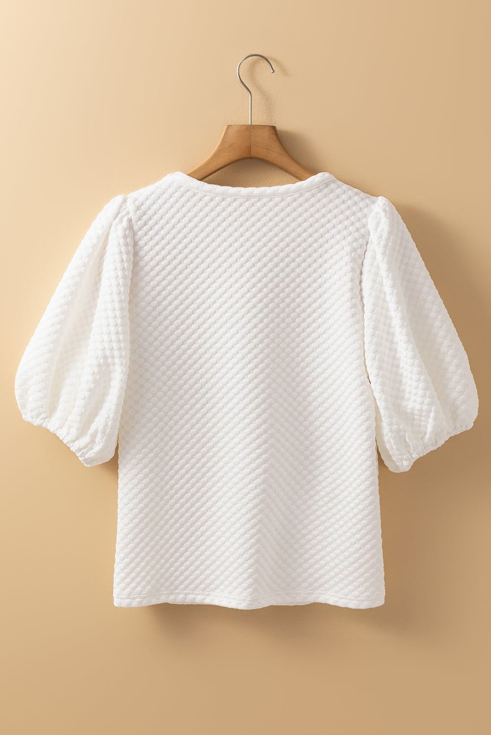 White Solid Textured O Neck Puff Sleeve Blouse - MAD RUFFI