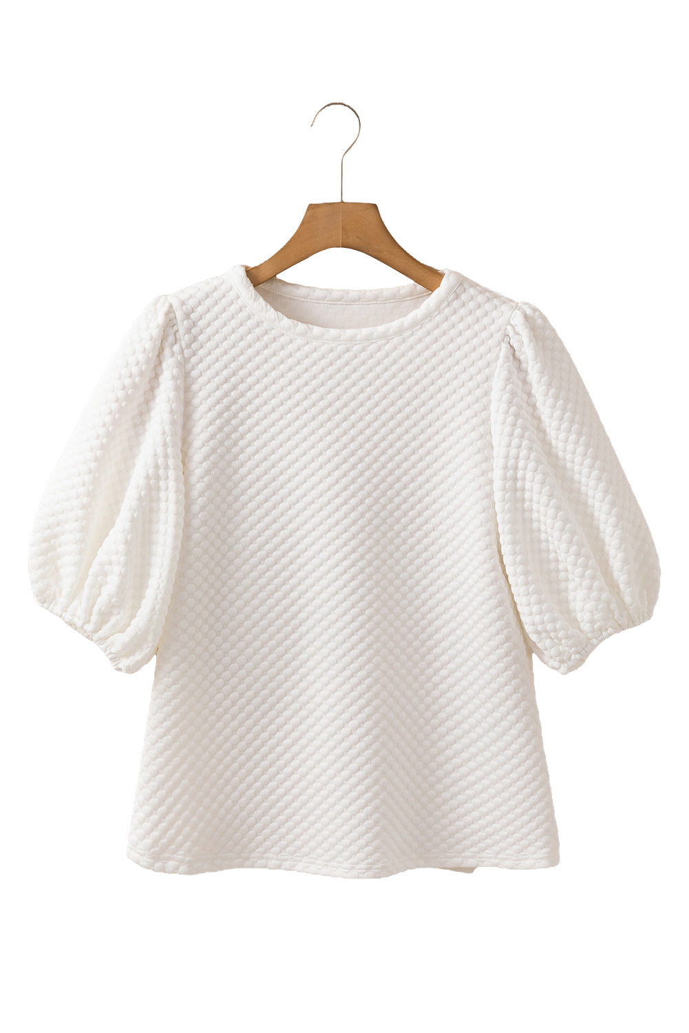 White Solid Textured O Neck Puff Sleeve Blouse - MAD RUFFI