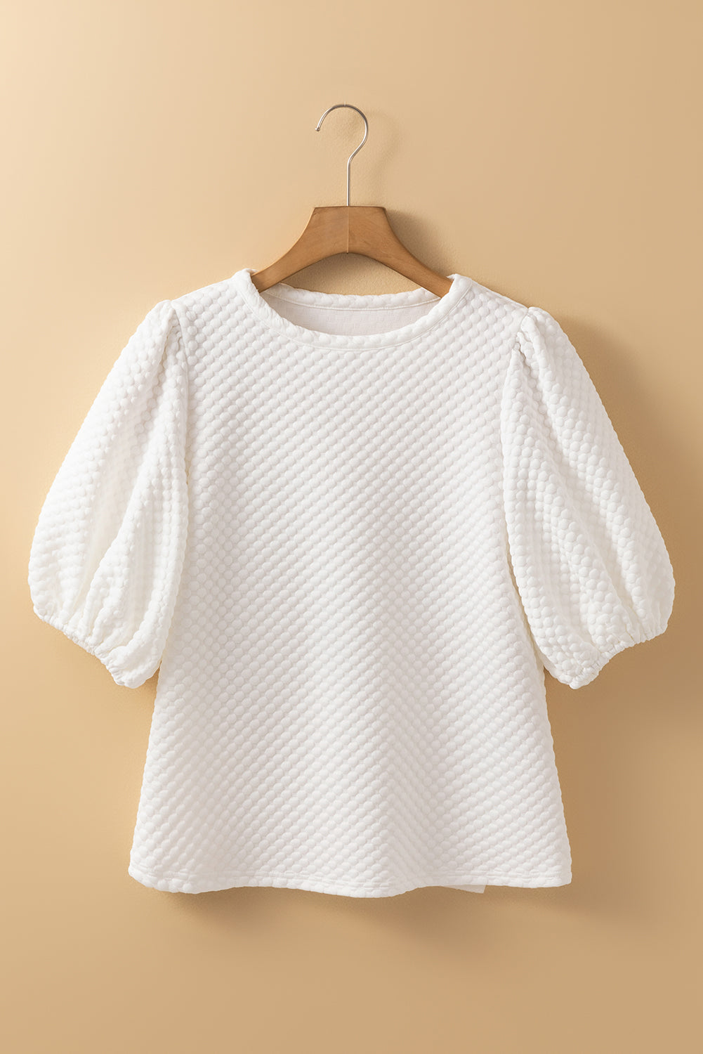 White Solid Textured O Neck Puff Sleeve Blouse - MAD RUFFI