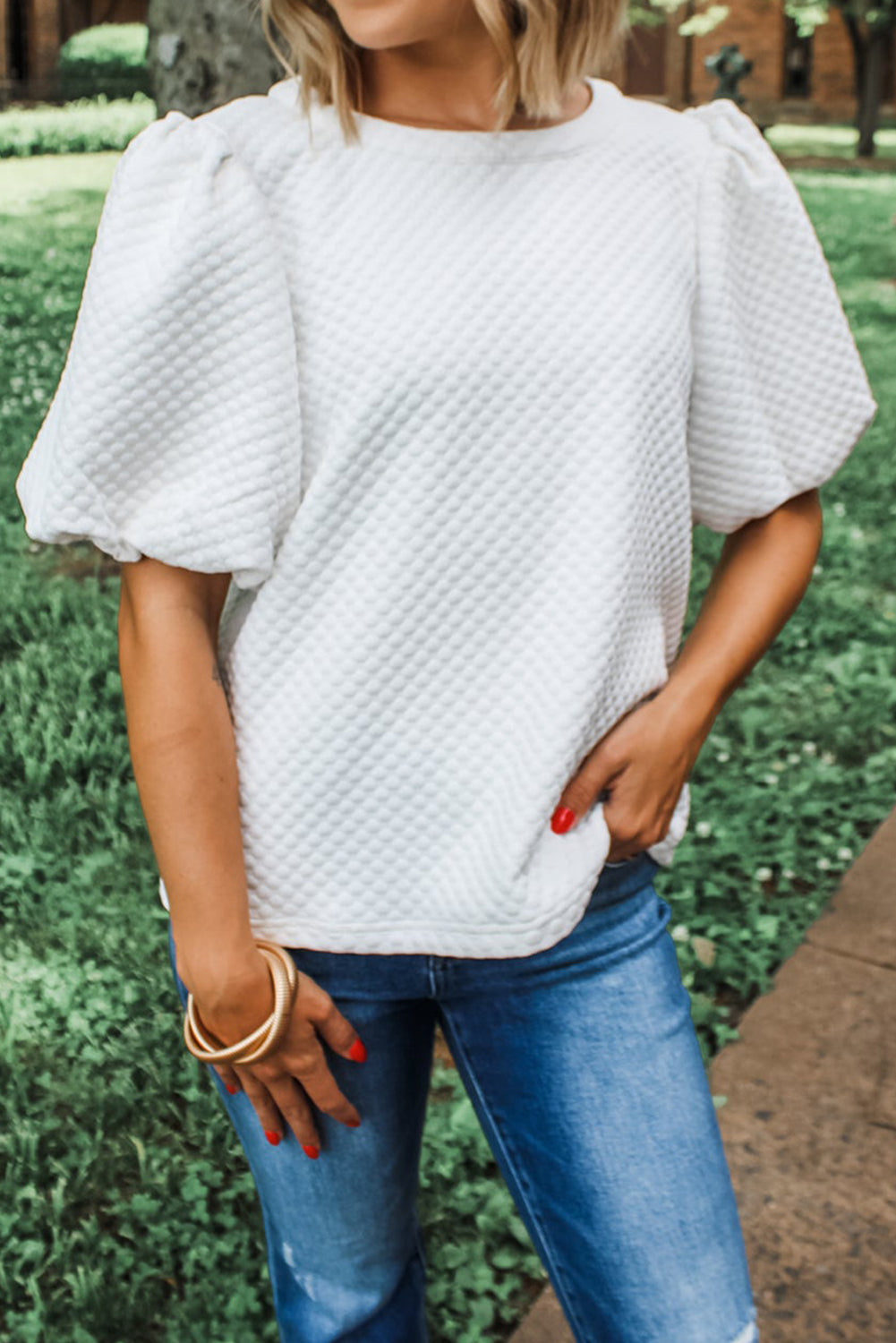 White Solid Textured O Neck Puff Sleeve Blouse - MAD RUFFI