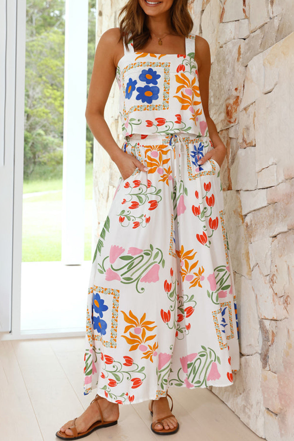 White Square Neck Tank & Wide Leg Pants Boho Floral Set - MAD RUFFI