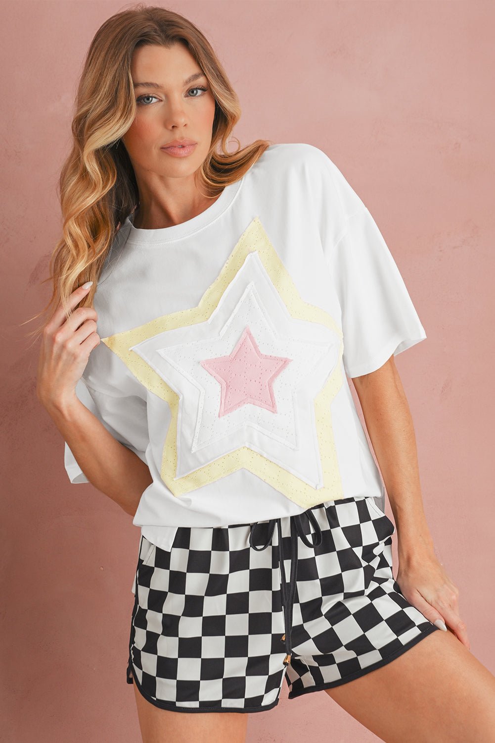 white star patched drop shoulder half sleeve loose tee - MAD RUFFI