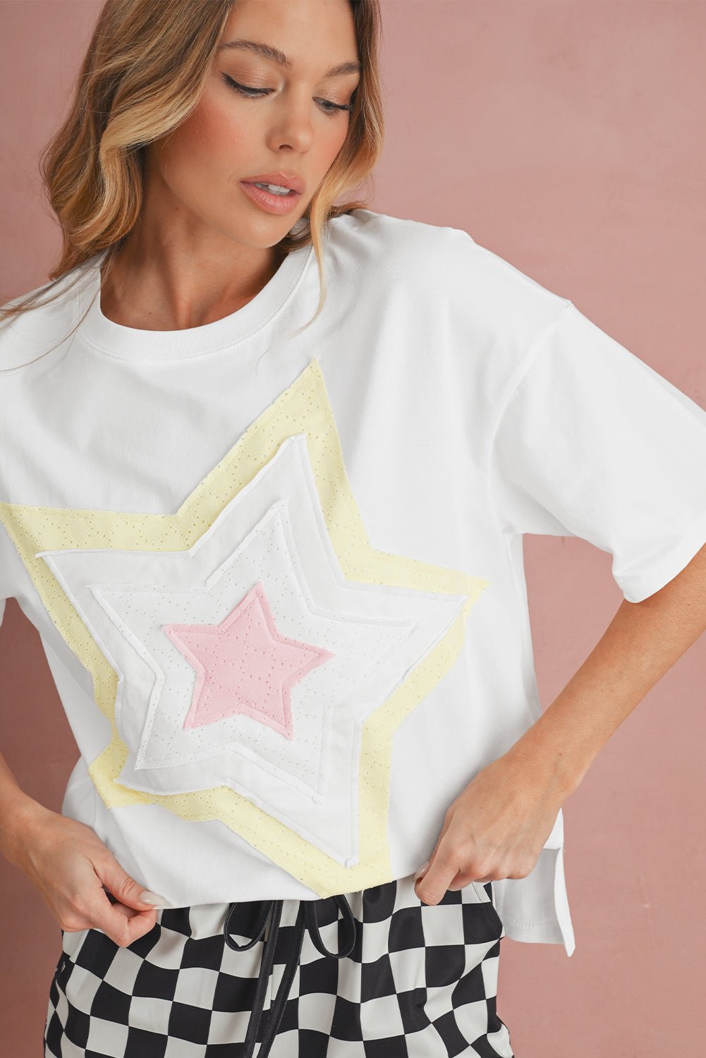 white star patched drop shoulder half sleeve loose tee - MAD RUFFI
