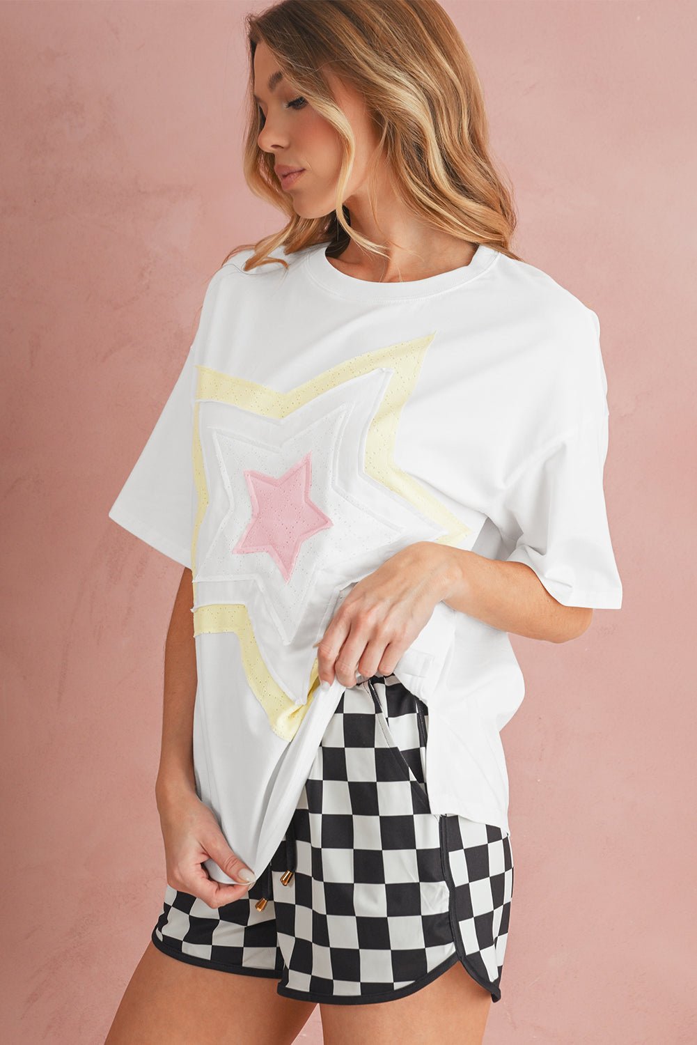 white star patched drop shoulder half sleeve loose tee - MAD RUFFI