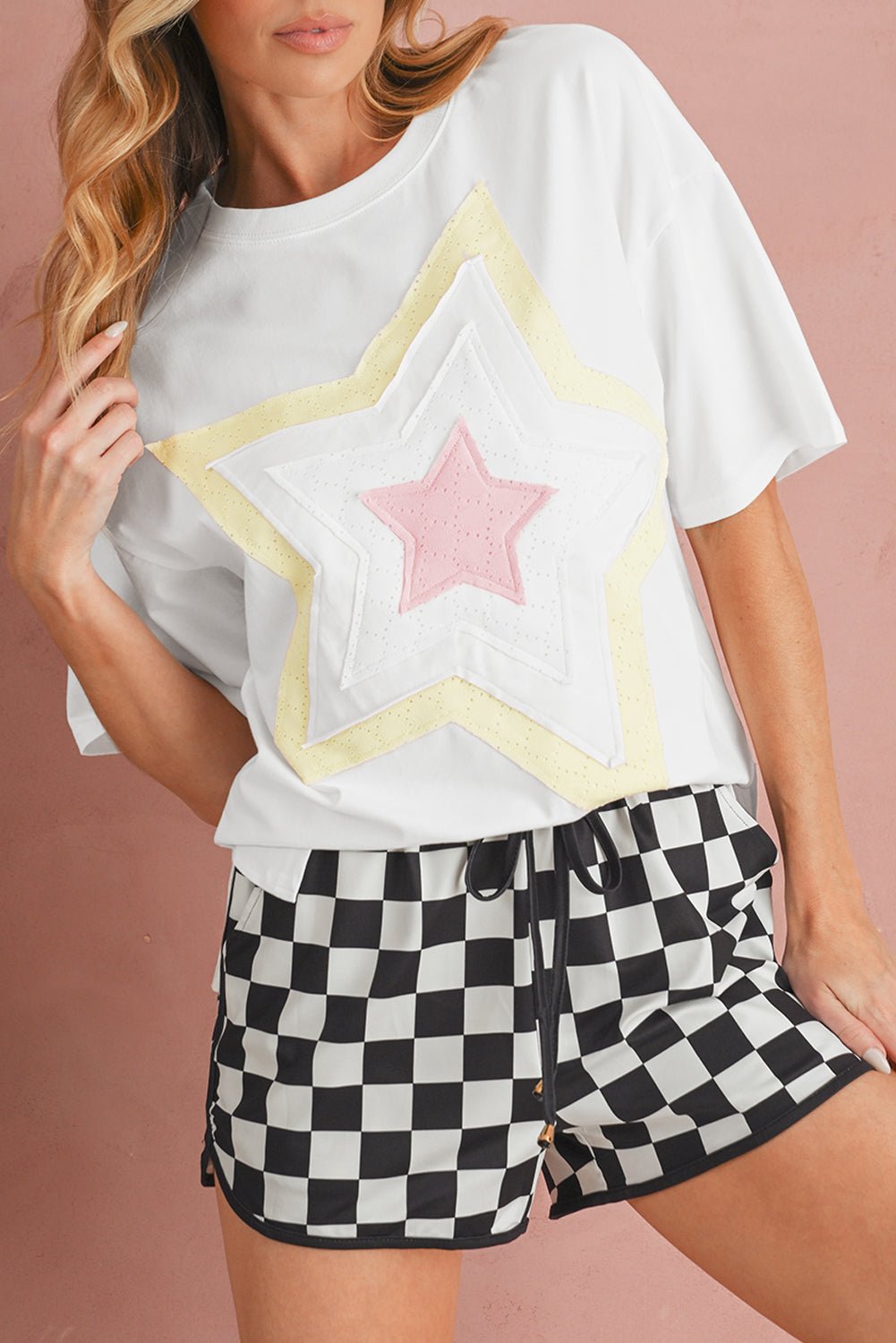 white star patched drop shoulder half sleeve loose tee - MAD RUFFI