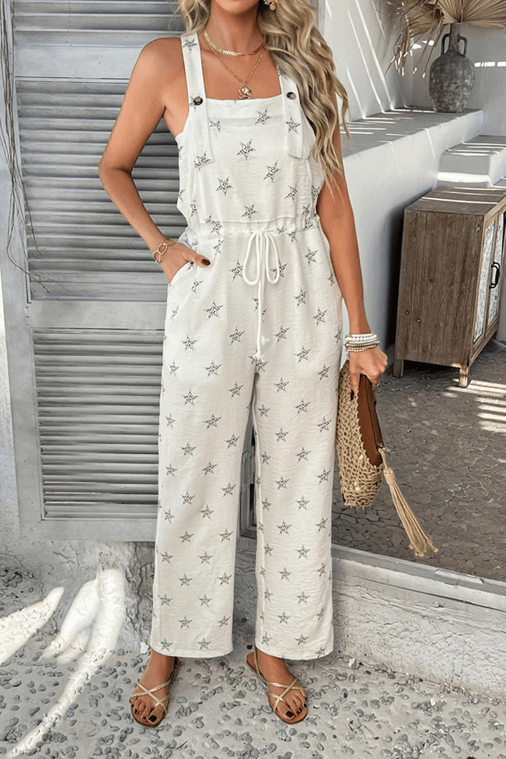 White Star Print Strap Drawstring Waist Jumpsuit - MAD RUFFI