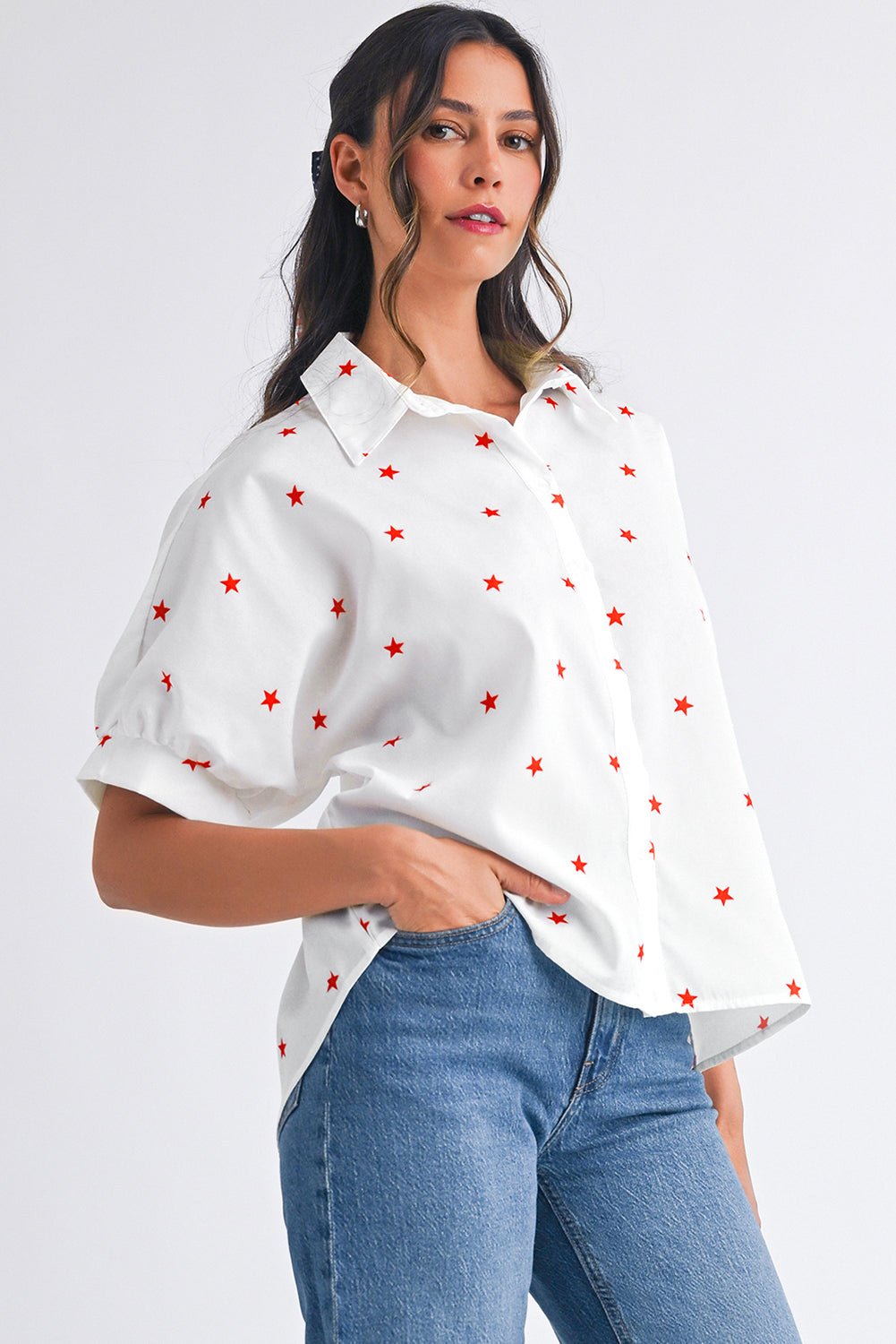 White Stars Half Puff Sleeve Loose Shirt - MAD RUFFI