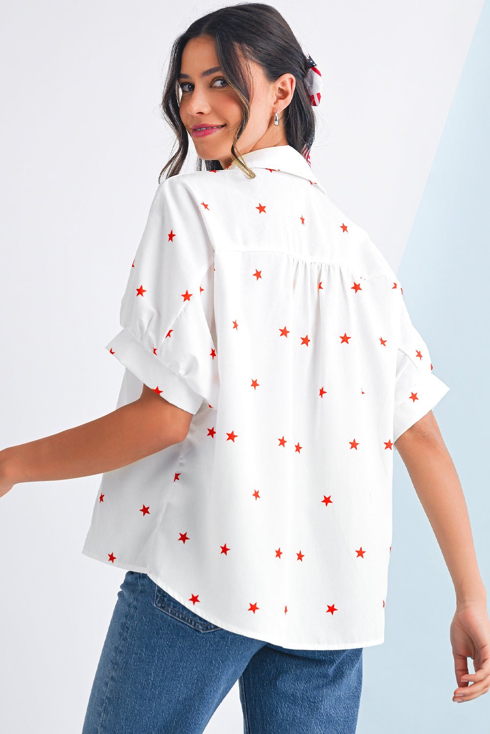 White Stars Half Puff Sleeve Loose Shirt - MAD RUFFI