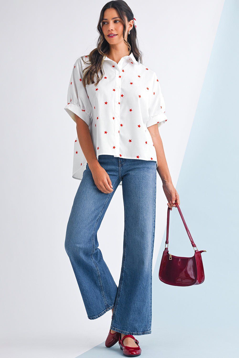 White Stars Half Puff Sleeve Loose Shirt - MAD RUFFI