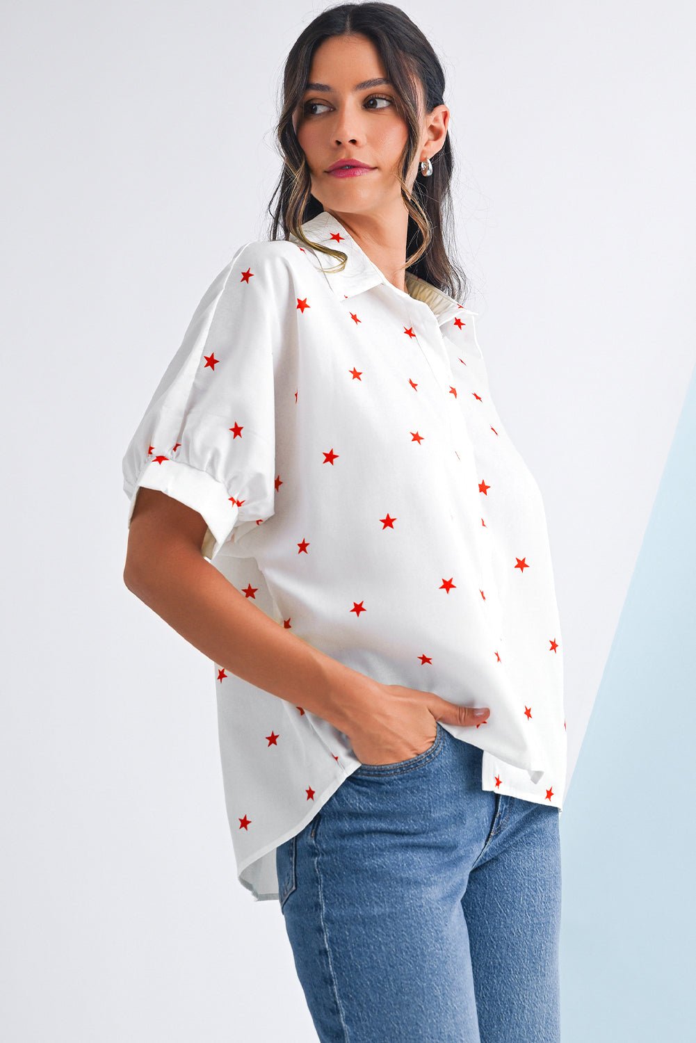 White Stars Half Puff Sleeve Loose Shirt - MAD RUFFI