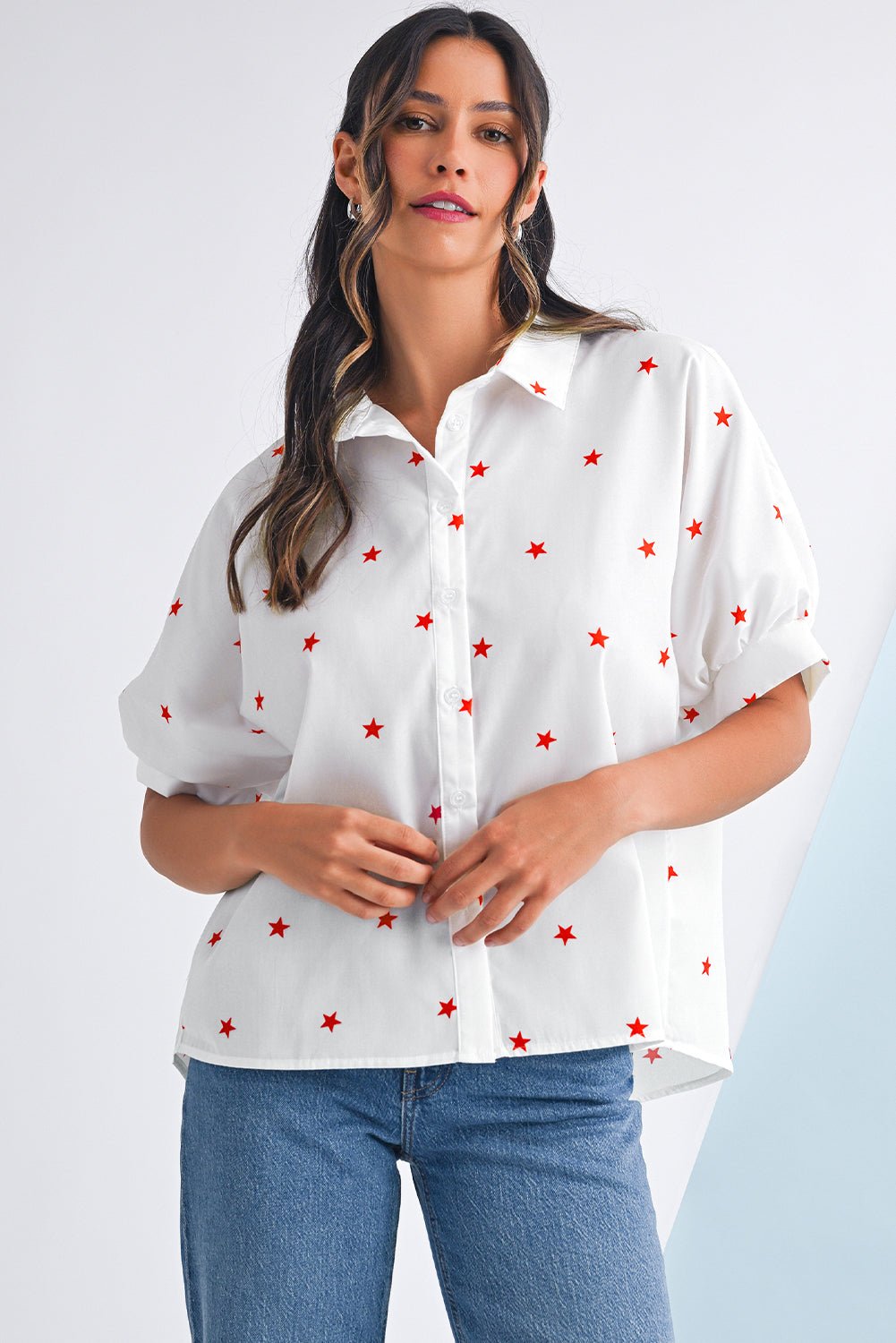 White Stars Half Puff Sleeve Loose Shirt - MAD RUFFI