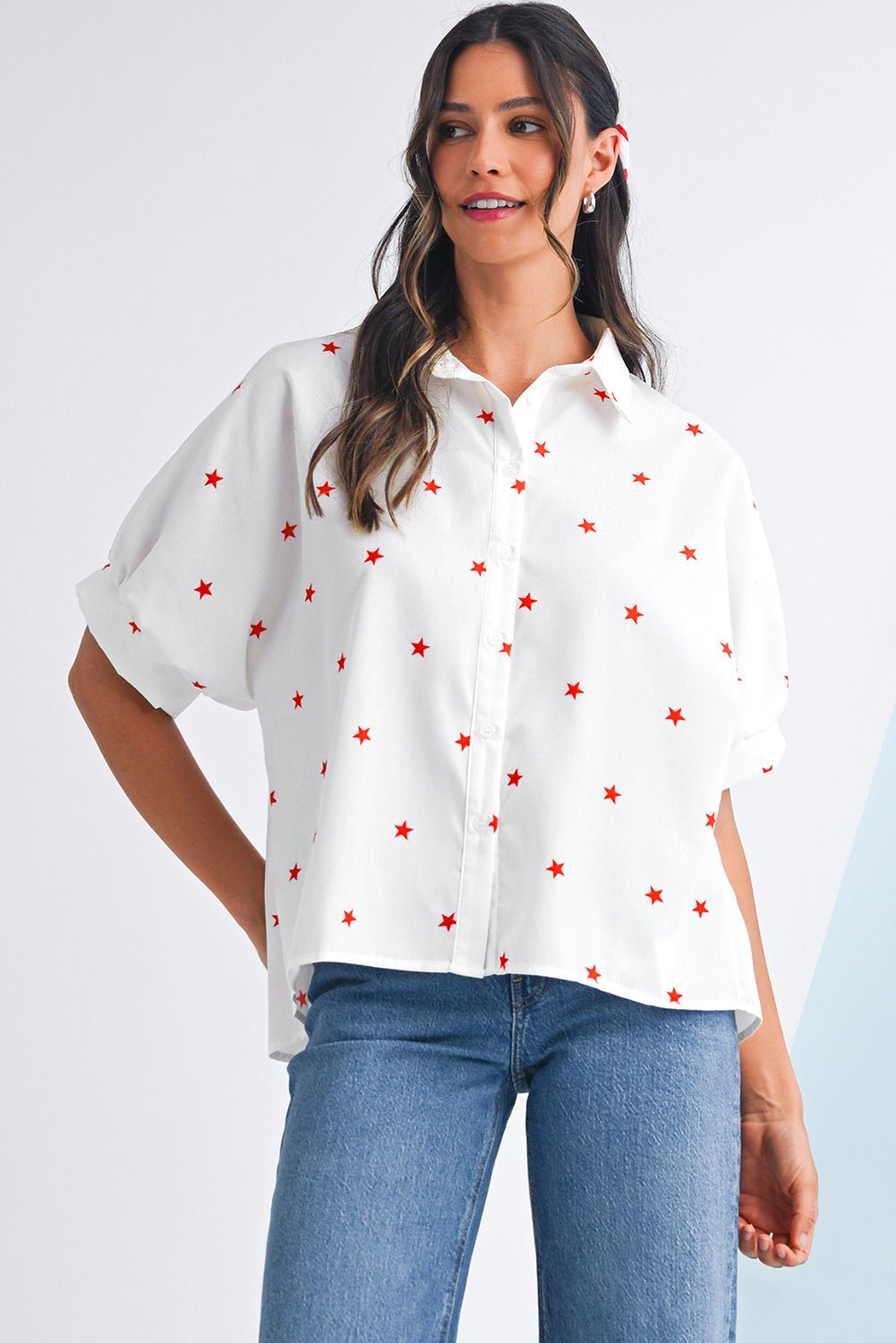 White Stars Half Puff Sleeve Loose Shirt - MAD RUFFI