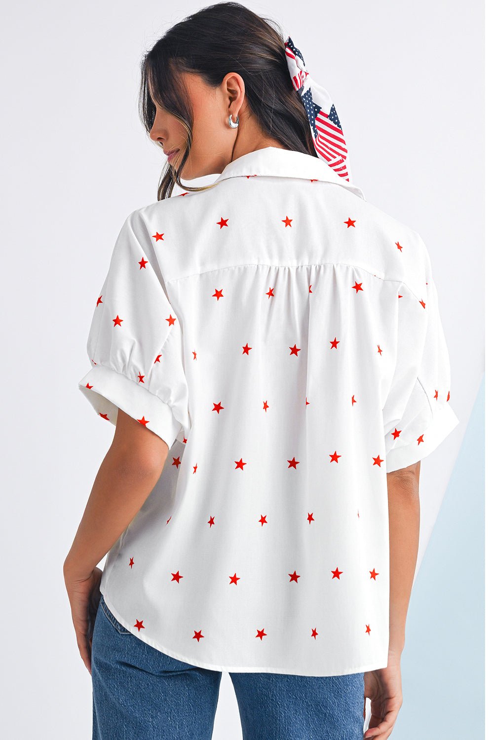 White Stars Half Puff Sleeve Loose Shirt - MAD RUFFI