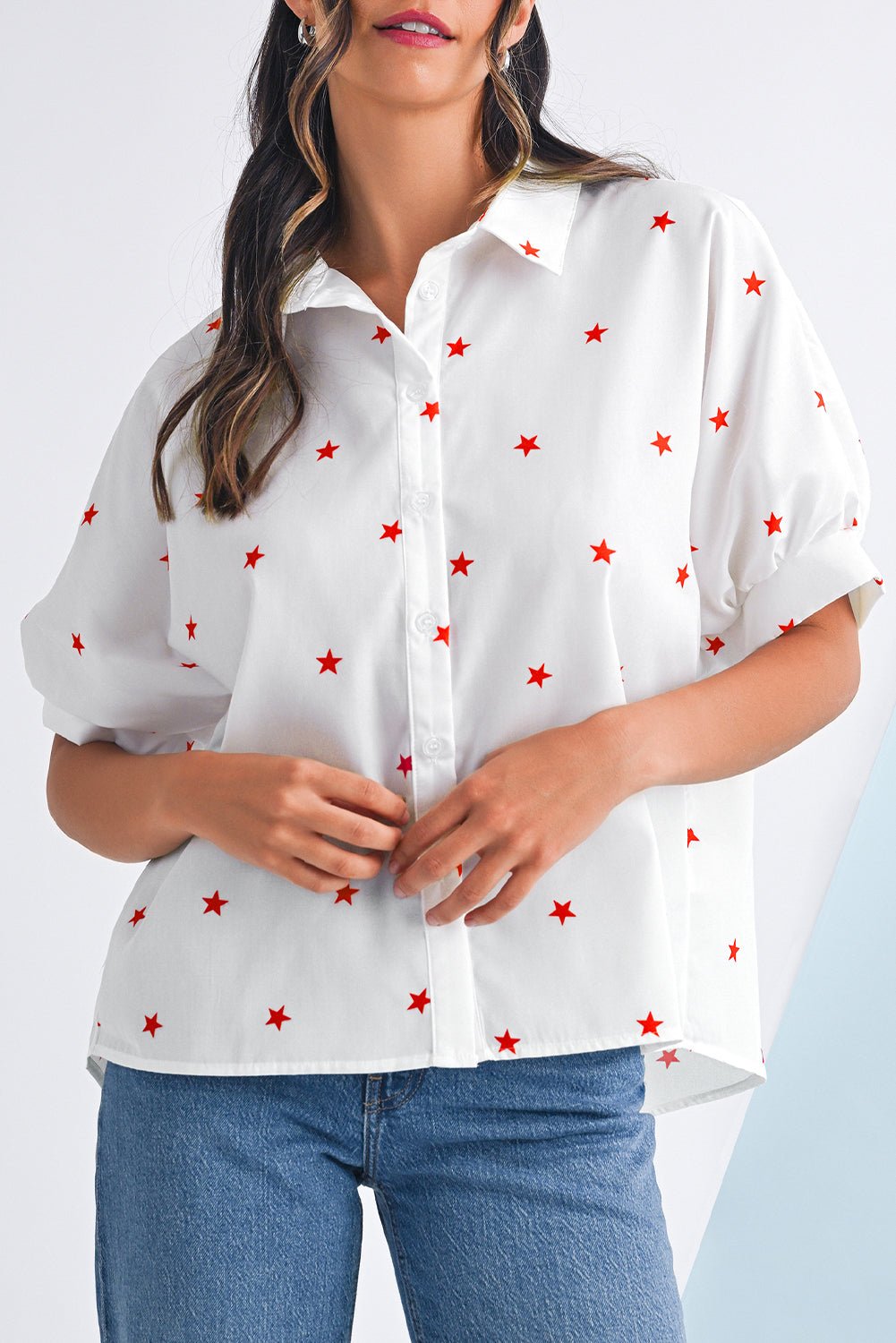 White Stars Half Puff Sleeve Loose Shirt - MAD RUFFI