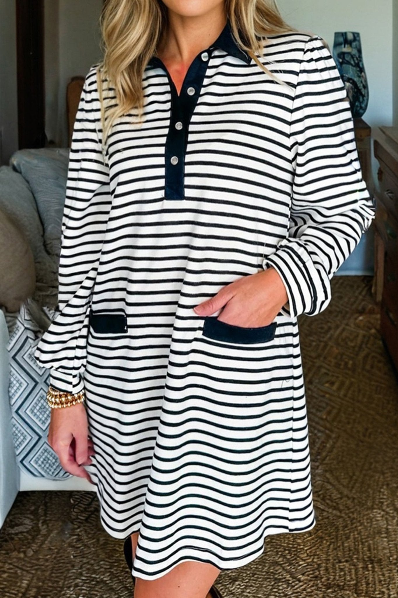 White Stripe Buttoned Front Collared Long Sleeve T Shirt Dress with Pockets - MAD RUFFI