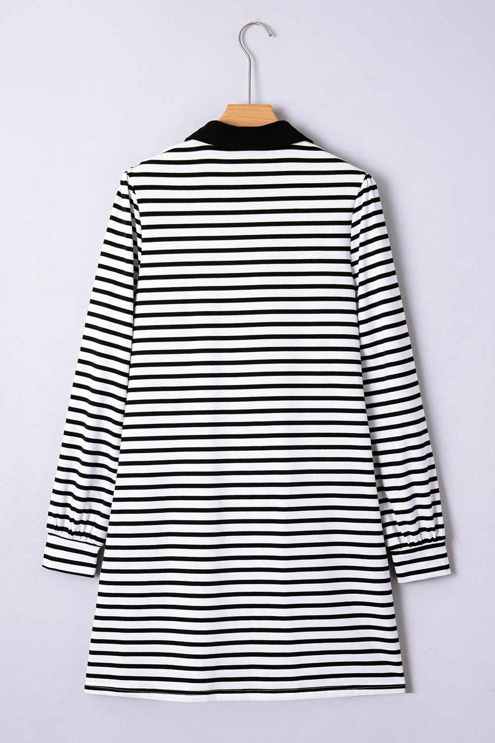 White Stripe Buttoned Front Collared Long Sleeve T Shirt Dress with Pockets - MAD RUFFI
