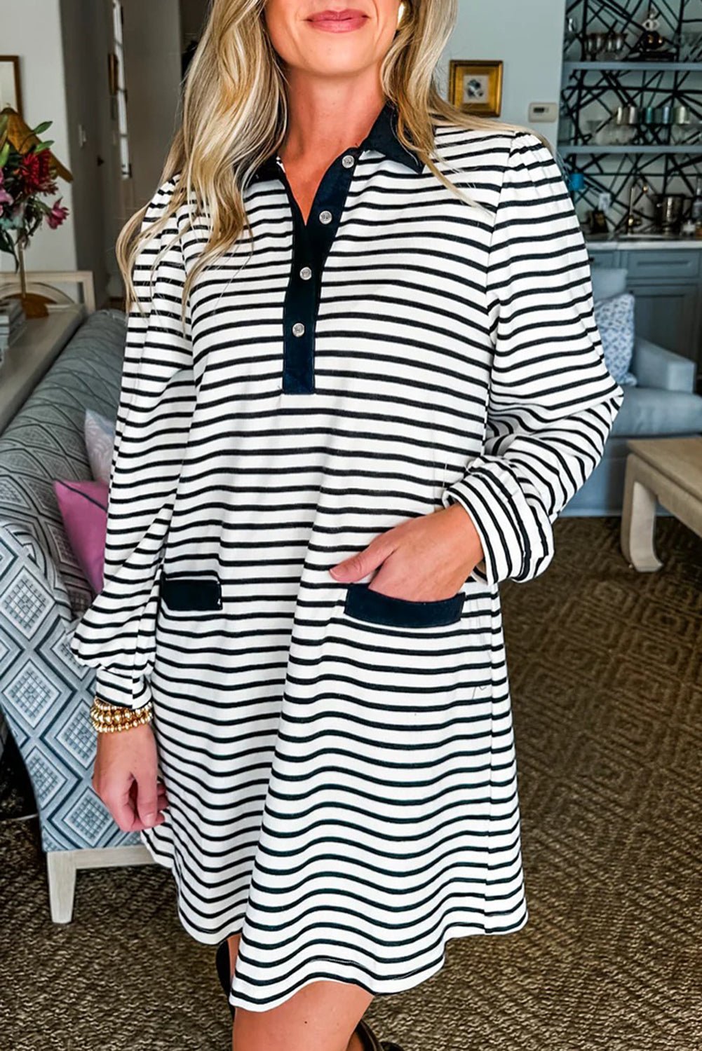 White Stripe Buttoned Front Collared Long Sleeve T Shirt Dress with Pockets - MAD RUFFI