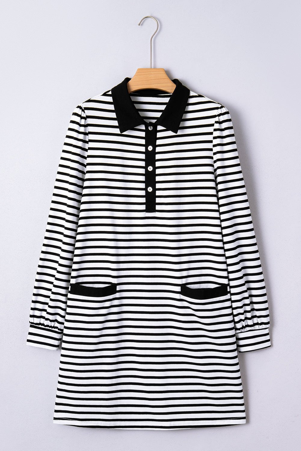 White Stripe Buttoned Front Collared Long Sleeve T Shirt Dress with Pockets - MAD RUFFI