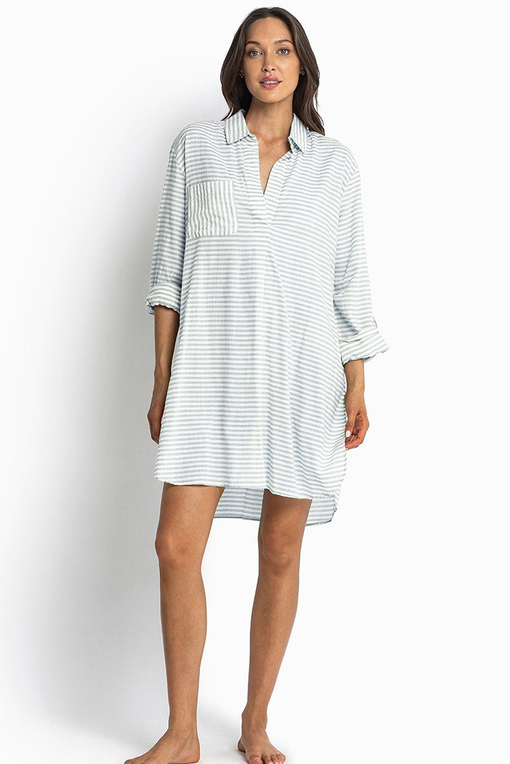 White Stripe Collared V Neck Chest Pocket Long Sleeve Beach Cover up - MAD RUFFI