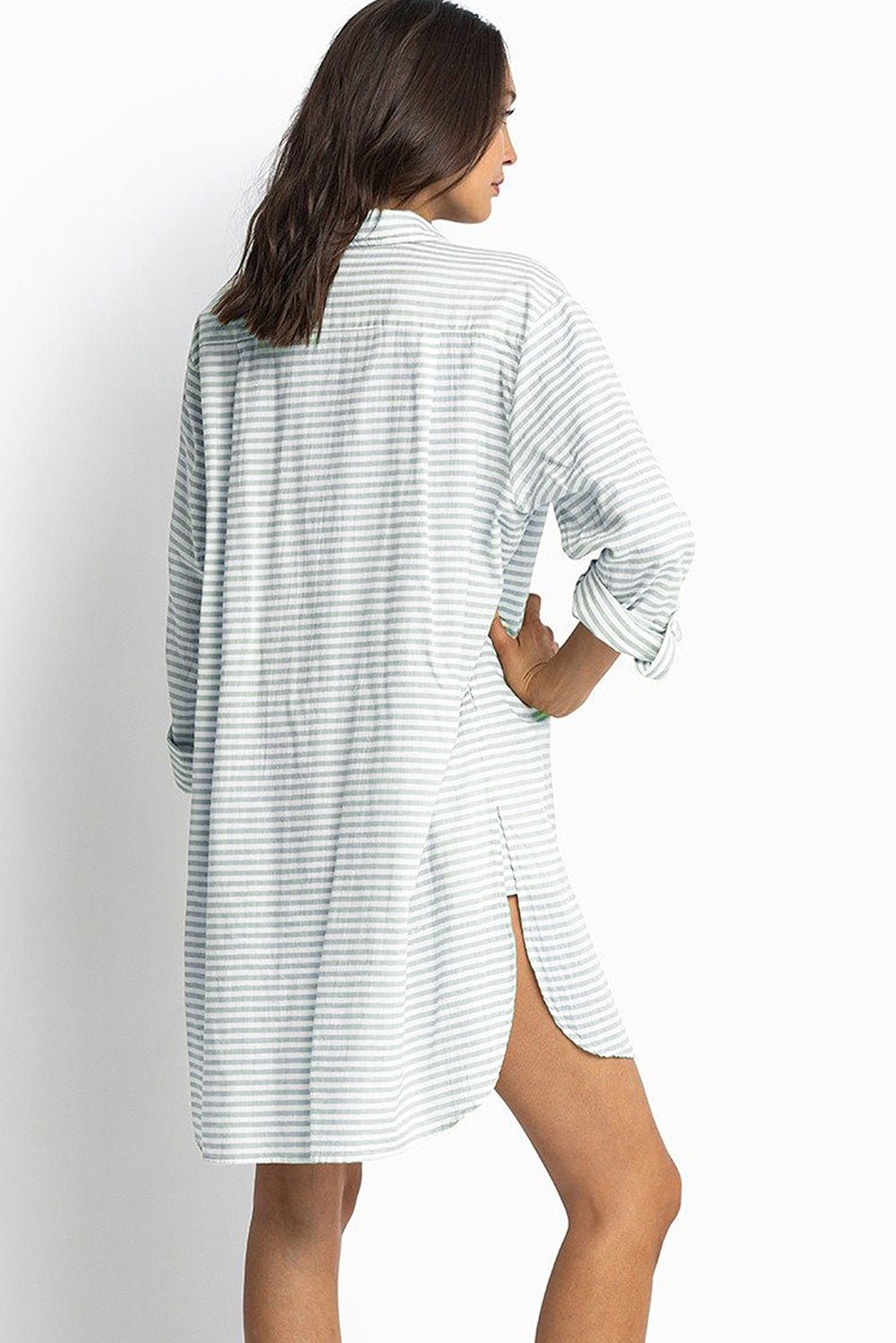 White Stripe Collared V Neck Chest Pocket Long Sleeve Beach Cover up - MAD RUFFI