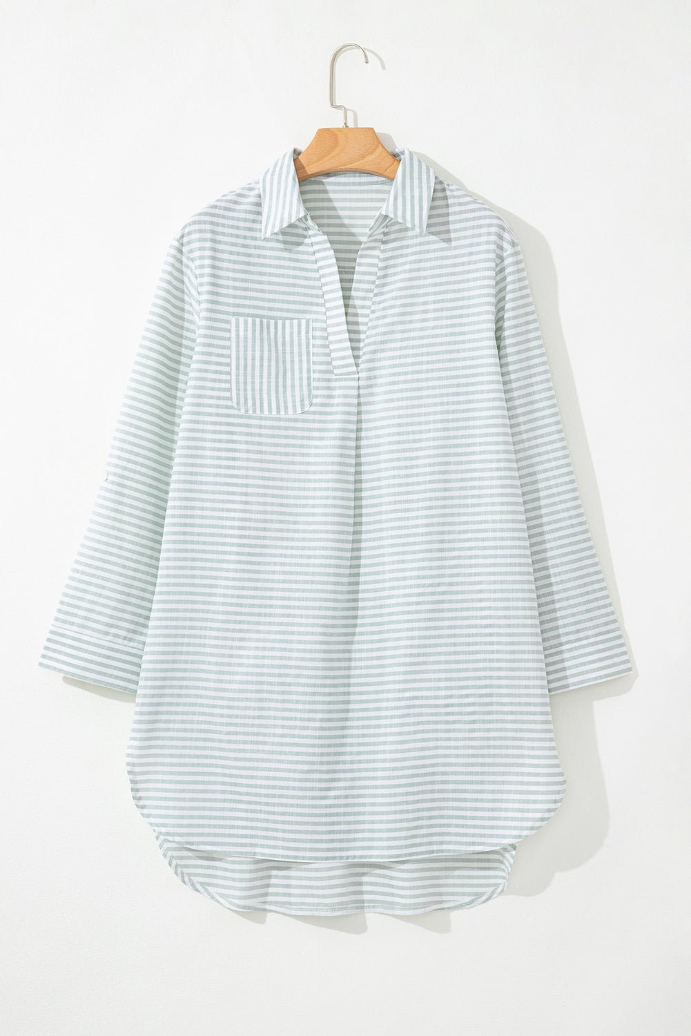 White Stripe Collared V Neck Chest Pocket Long Sleeve Beach Cover up - MAD RUFFI