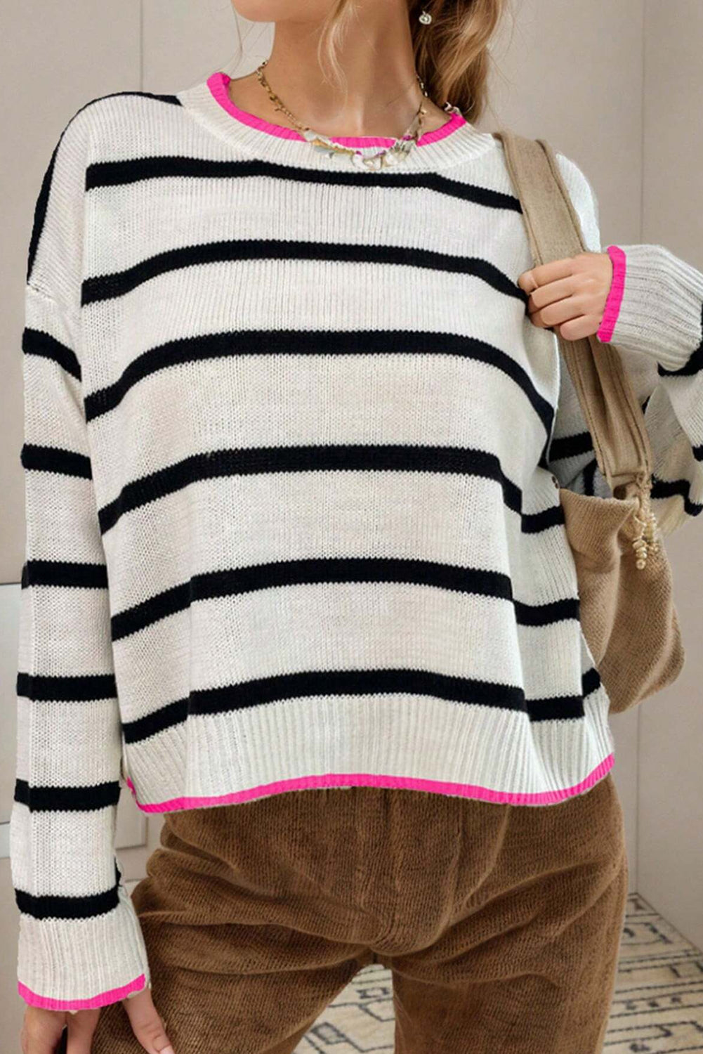 White Stripe Contrast Trim Drop Shoulder Sweater - MAD RUFFI