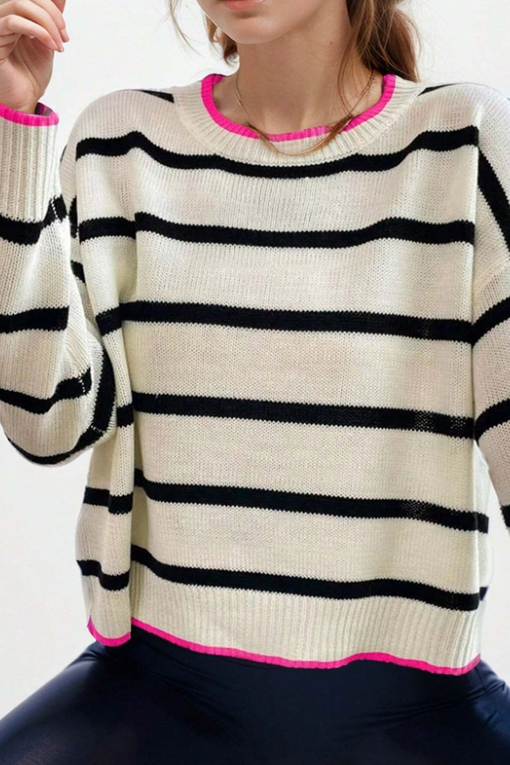 White Stripe Contrast Trim Drop Shoulder Sweater - MAD RUFFI