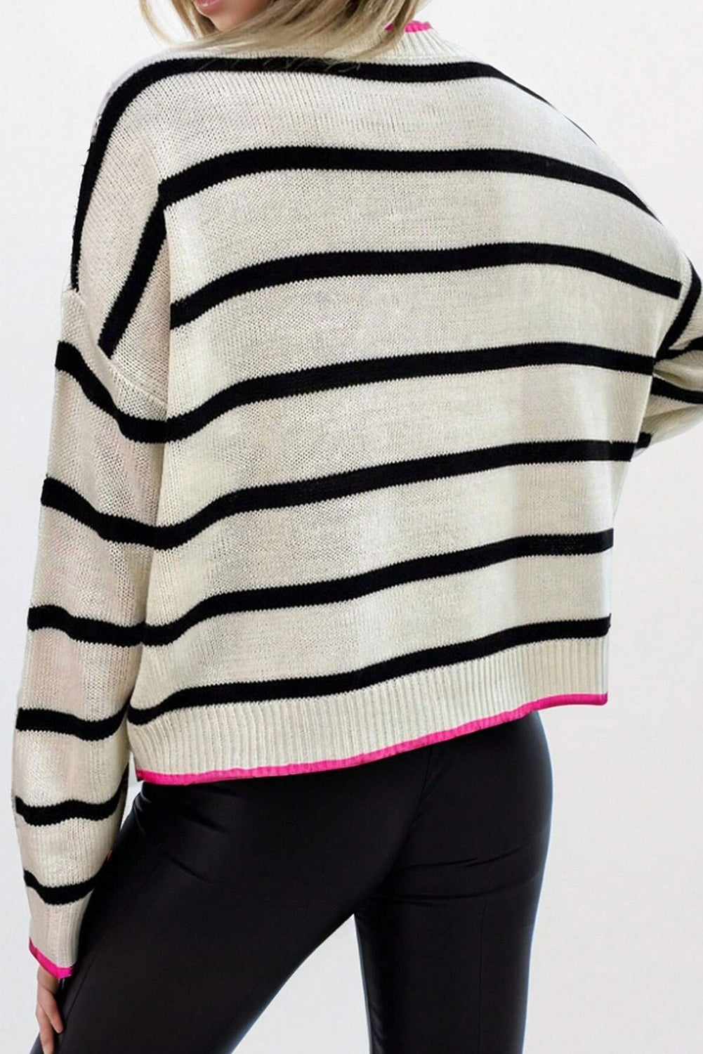 White Stripe Contrast Trim Drop Shoulder Sweater - MAD RUFFI