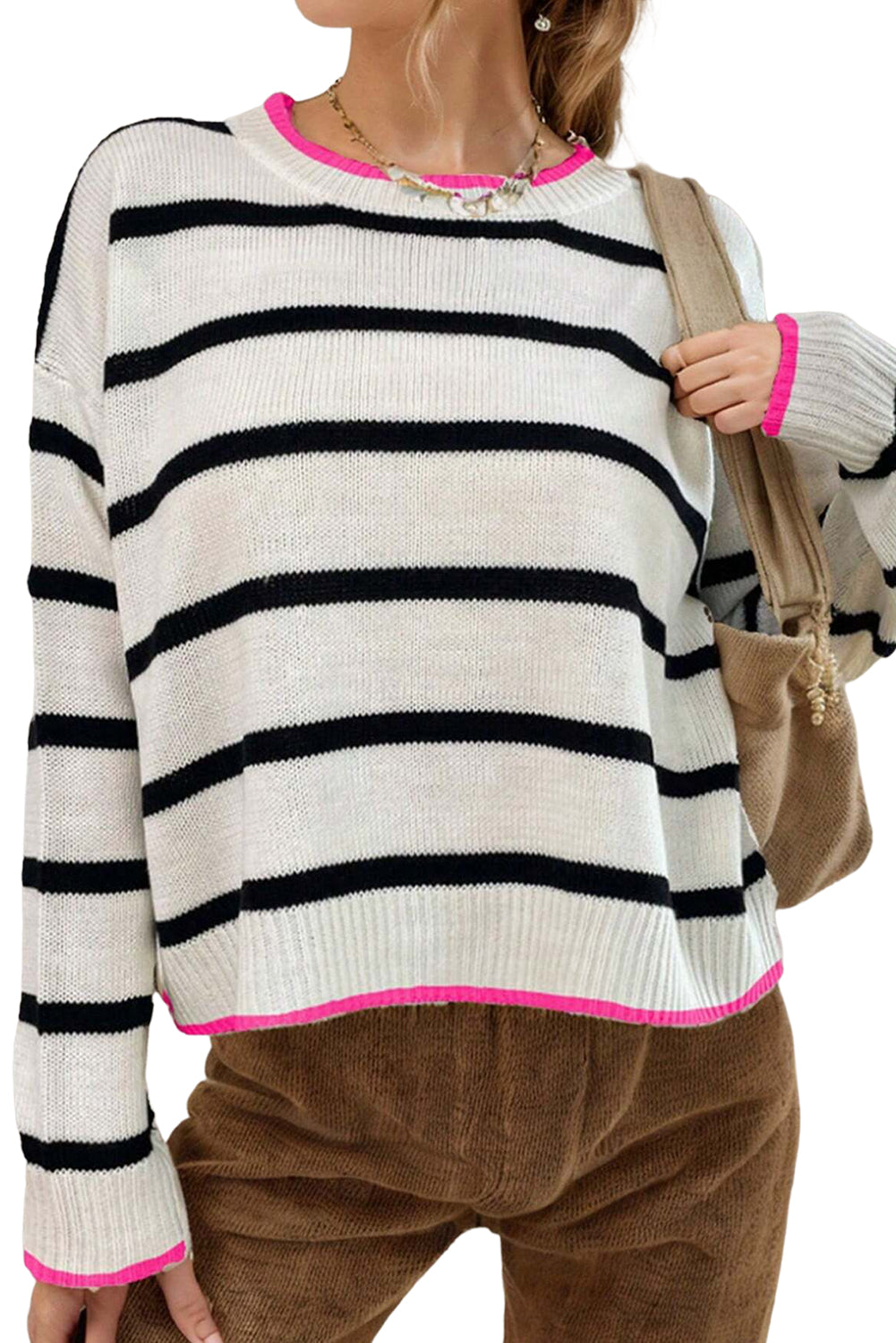 White Stripe Contrast Trim Drop Shoulder Sweater - MAD RUFFI