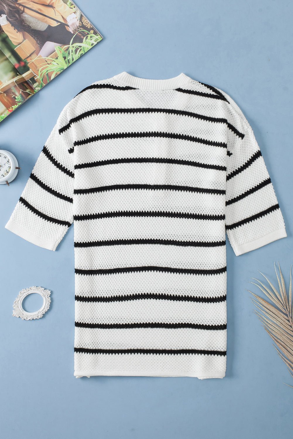 White Stripe Drop Shoulder Bracelet Sleeve Henley Knit Tee - MAD RUFFI