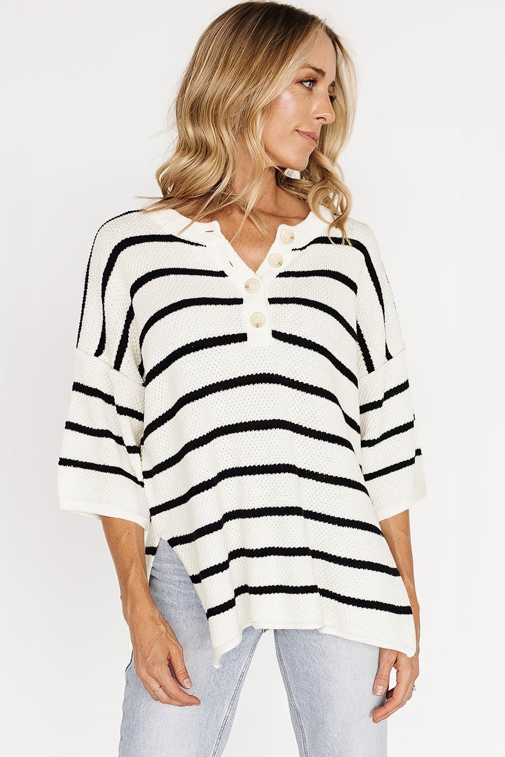 White Stripe Drop Shoulder Bracelet Sleeve Henley Knit Tee - MAD RUFFI