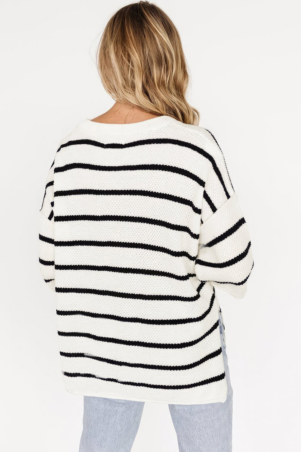 White Stripe Drop Shoulder Bracelet Sleeve Henley Knit Tee - MAD RUFFI