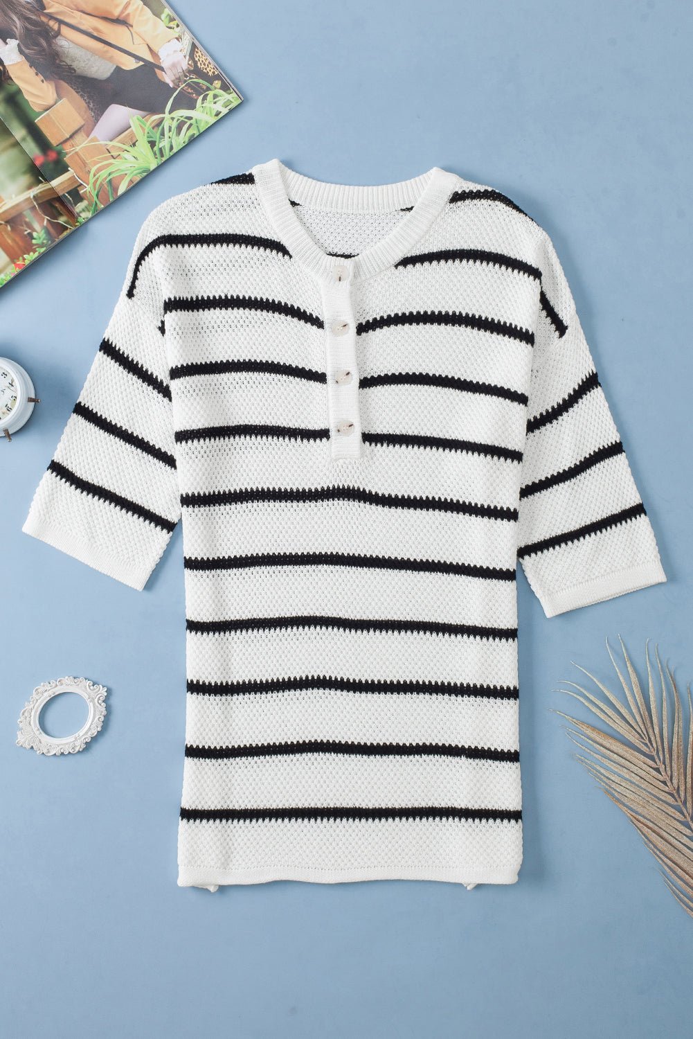White Stripe Drop Shoulder Bracelet Sleeve Henley Knit Tee - MAD RUFFI