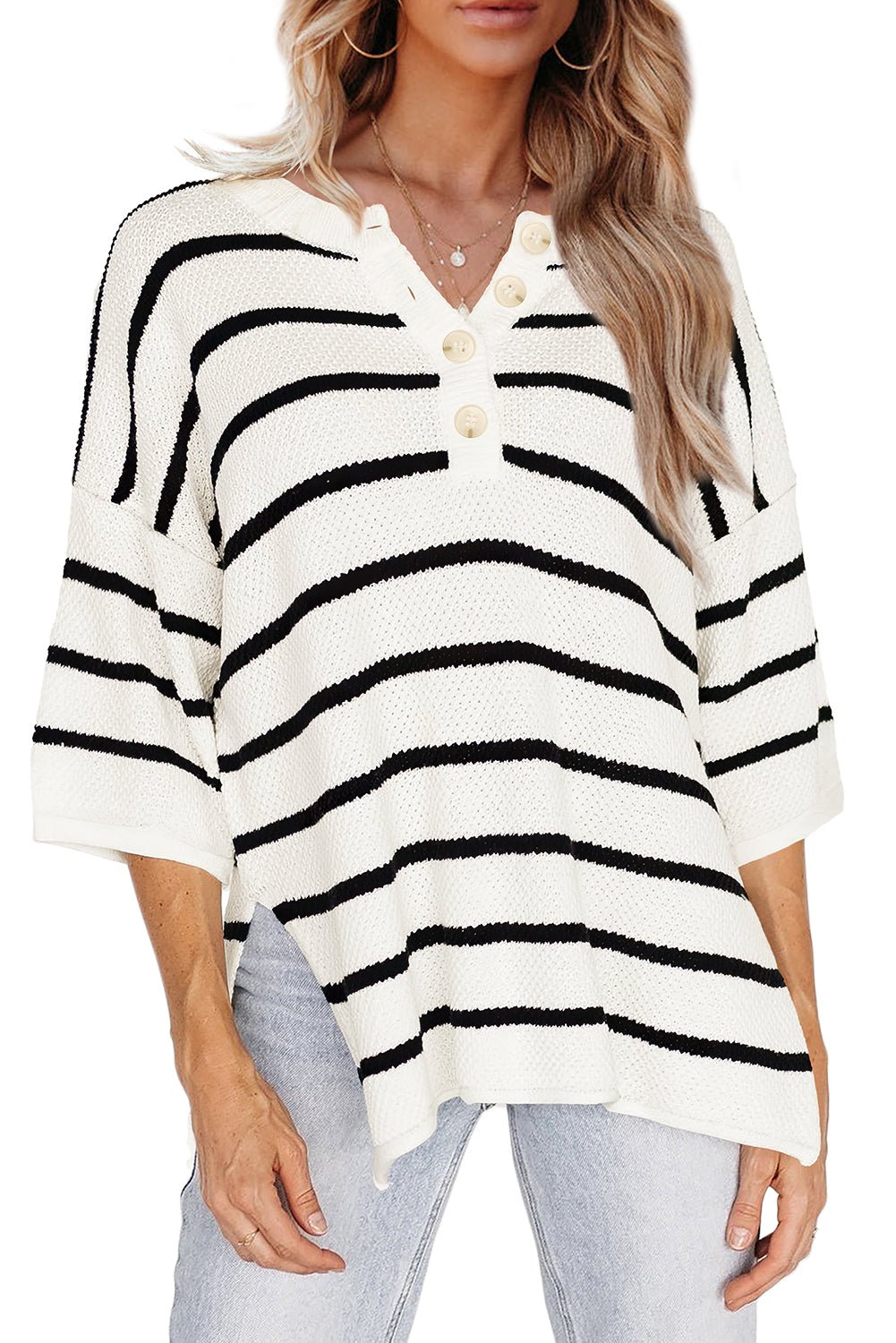 White Stripe Drop Shoulder Bracelet Sleeve Henley Knit Tee - MAD RUFFI