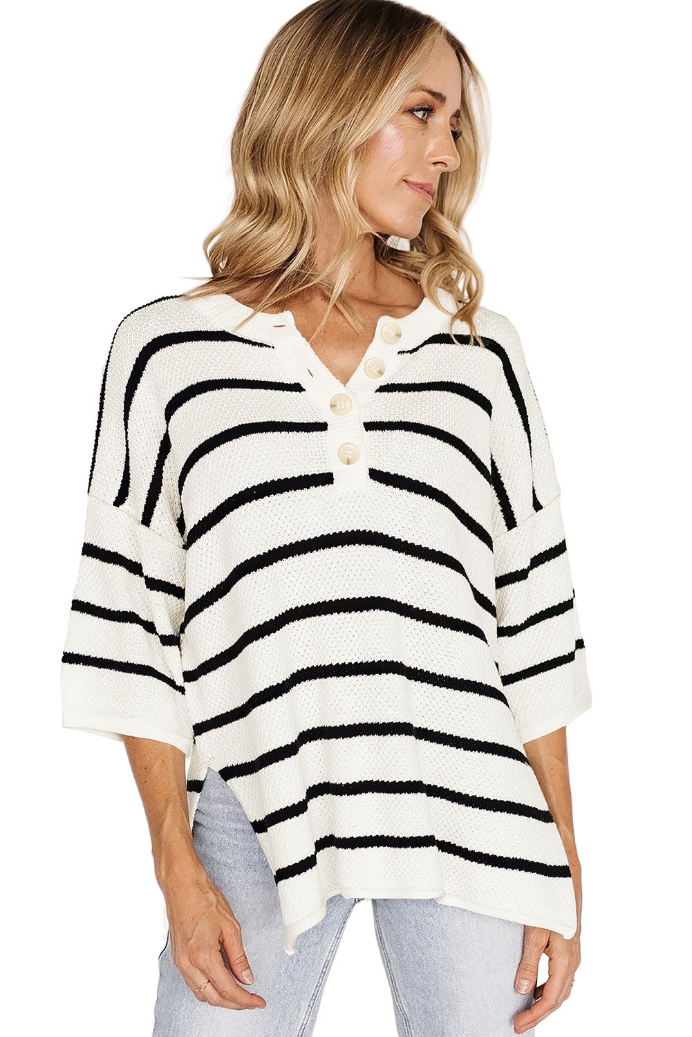 White Stripe Drop Shoulder Bracelet Sleeve Henley Knit Tee - MAD RUFFI