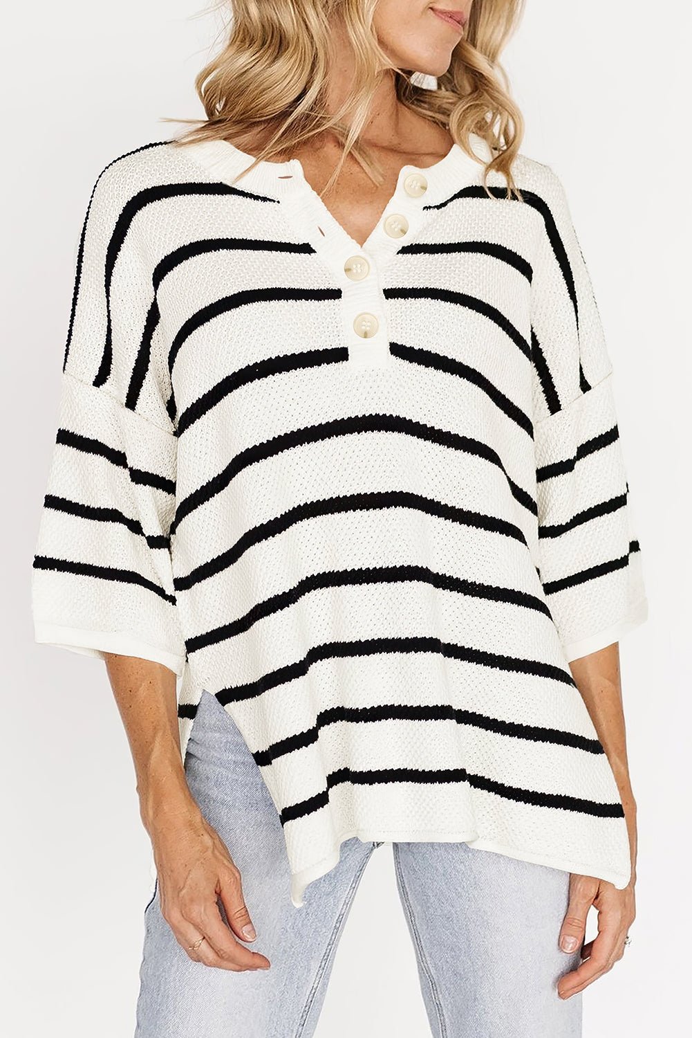 White Stripe Drop Shoulder Bracelet Sleeve Henley Knit Tee - MAD RUFFI