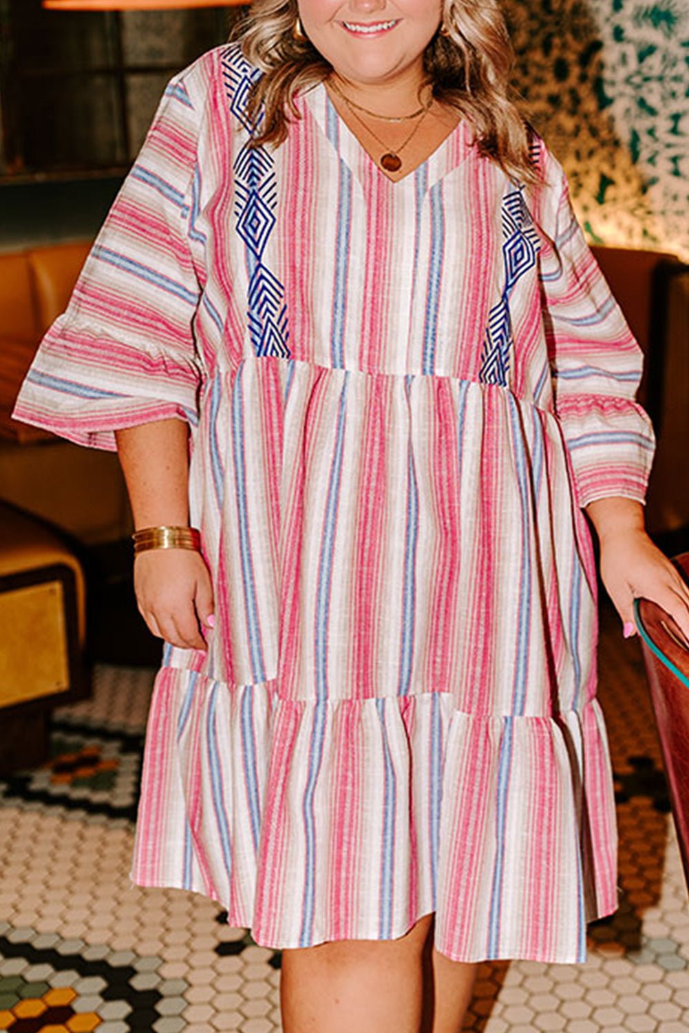 White Stripe Geometric Detail Flared 3/4 Sleeve V Neck Plus Dress - MAD RUFFI