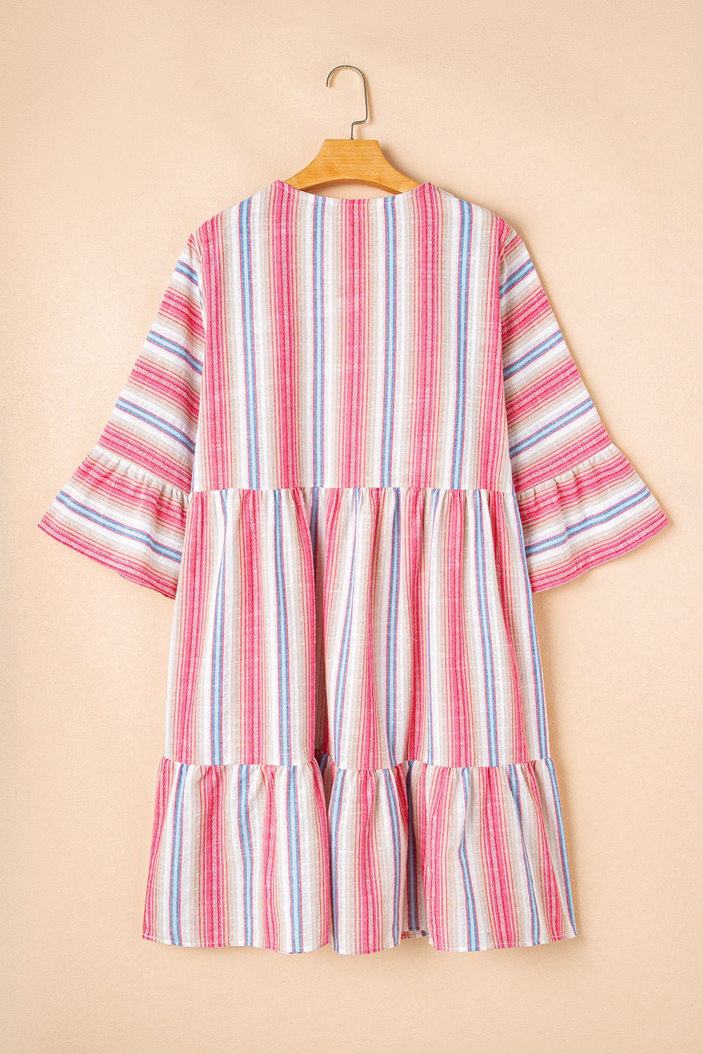 White Stripe Geometric Detail Flared 3/4 Sleeve V Neck Plus Dress - MAD RUFFI