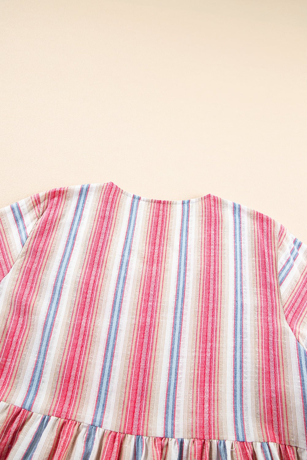 White Stripe Geometric Detail Flared 3/4 Sleeve V Neck Plus Dress - MAD RUFFI