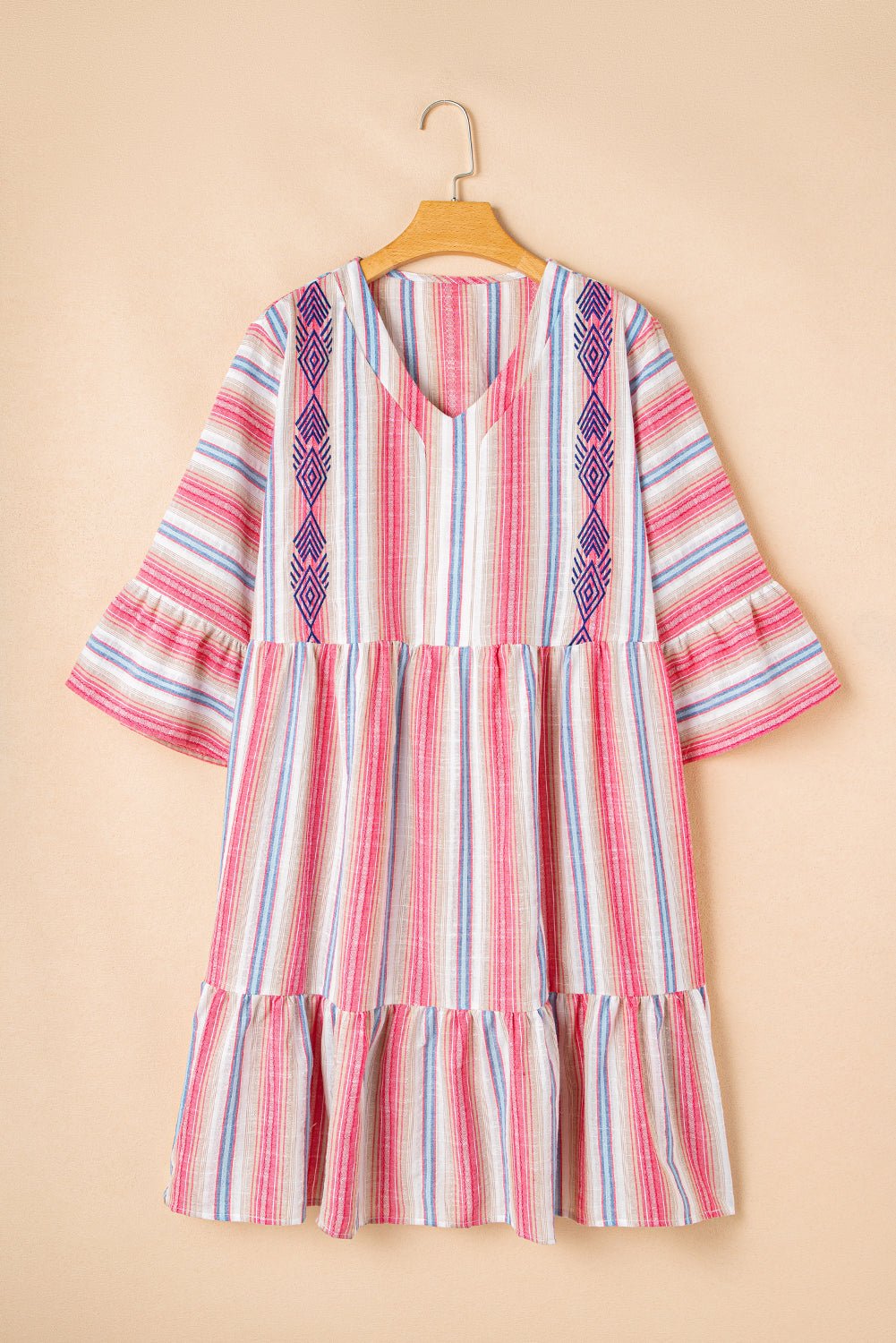 White Stripe Geometric Detail Flared 3/4 Sleeve V Neck Plus Dress - MAD RUFFI