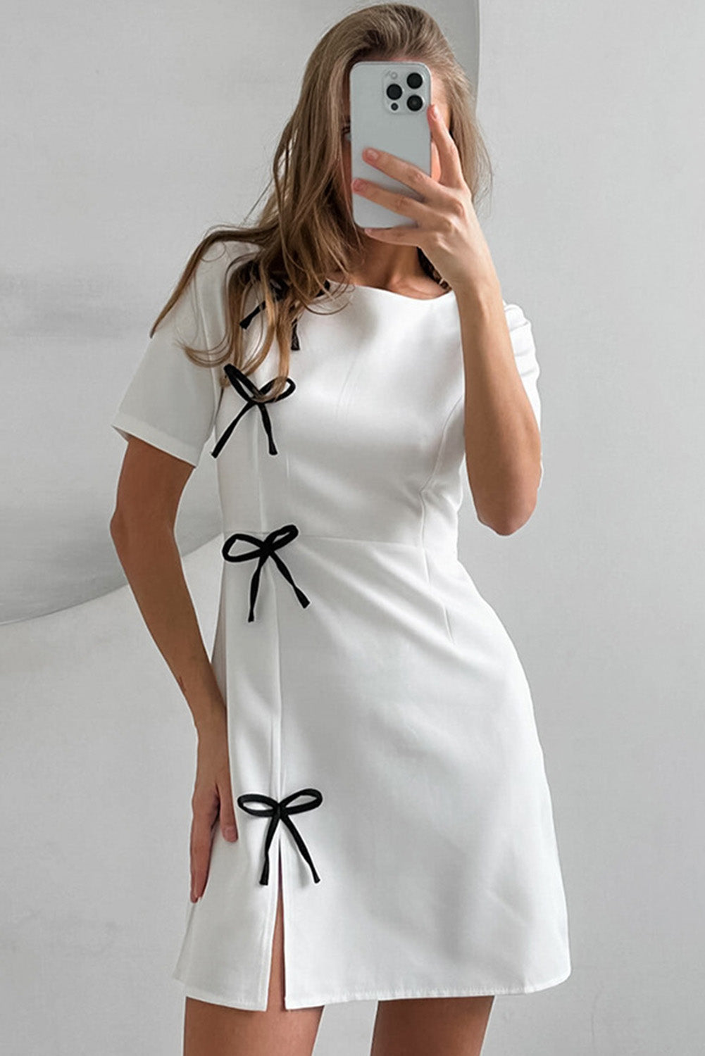 White Stripe New Chinese Bowknot Round Neck Short Dress - MAD RUFFI