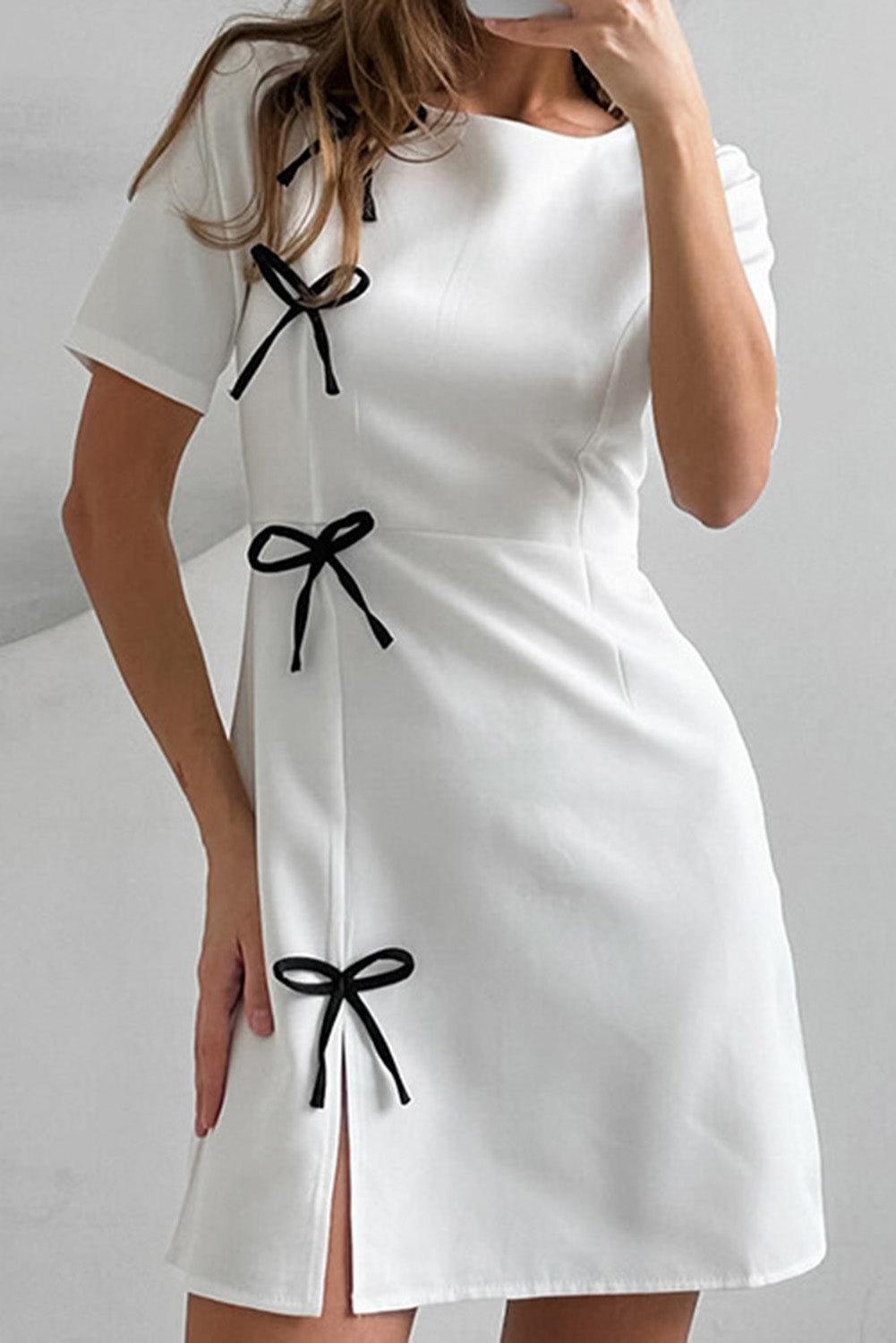 White Stripe New Chinese Bowknot Round Neck Short Dress - MAD RUFFI