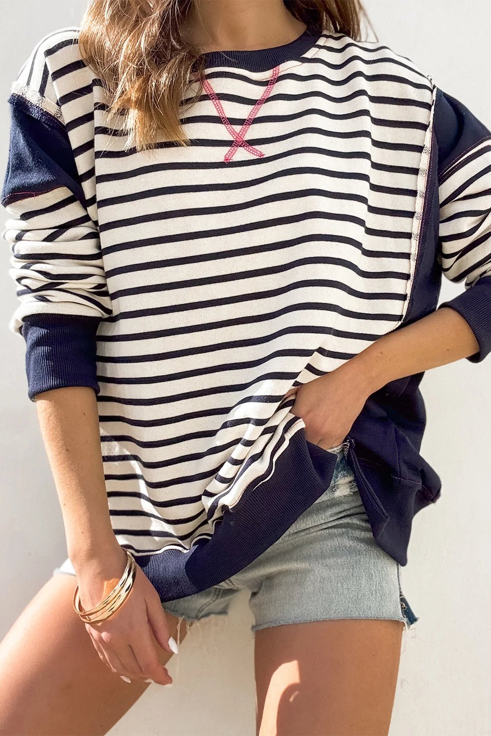 White Stripe Patchwork Exposed Seam Loose Fit Sweatshirt - MAD RUFFI