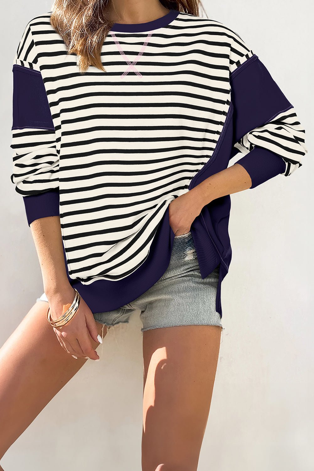 White Stripe Patchwork Exposed Seam Loose Fit Sweatshirt - MAD RUFFI
