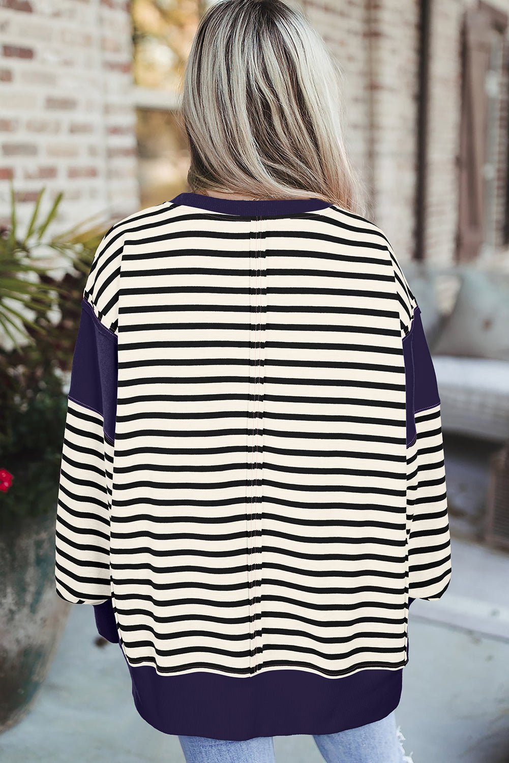 White Stripe Patchwork Exposed Seam Loose Fit Sweatshirt - MAD RUFFI