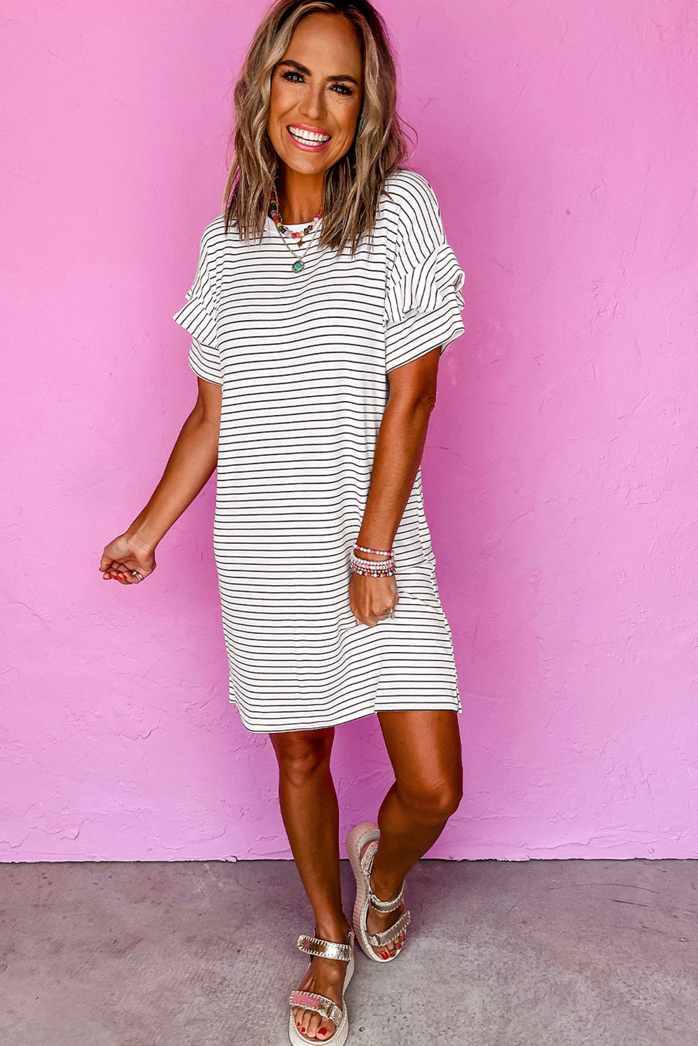 White Stripe Ruffle Short Sleeve T Shirt Mini Dress - Short Dresses